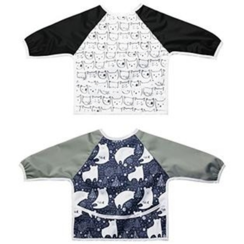 Little Jump 2 Pack Bear & Cat Long Sleeved Smocks Waterproof Bibs with Pocket